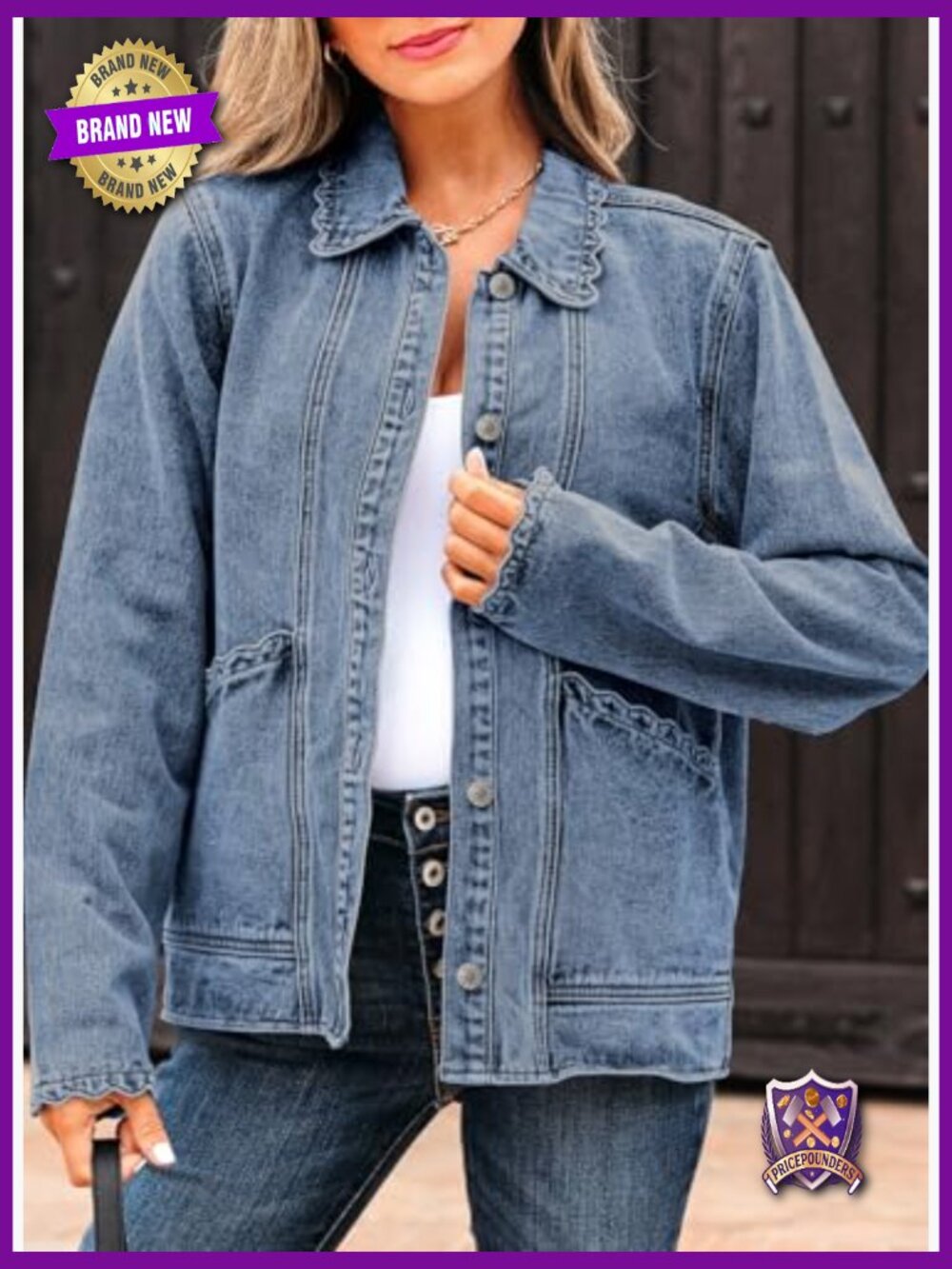Women's Denim Jacket Long Sleeve Button Down Ruffled Shacket - Picture 4 of 7